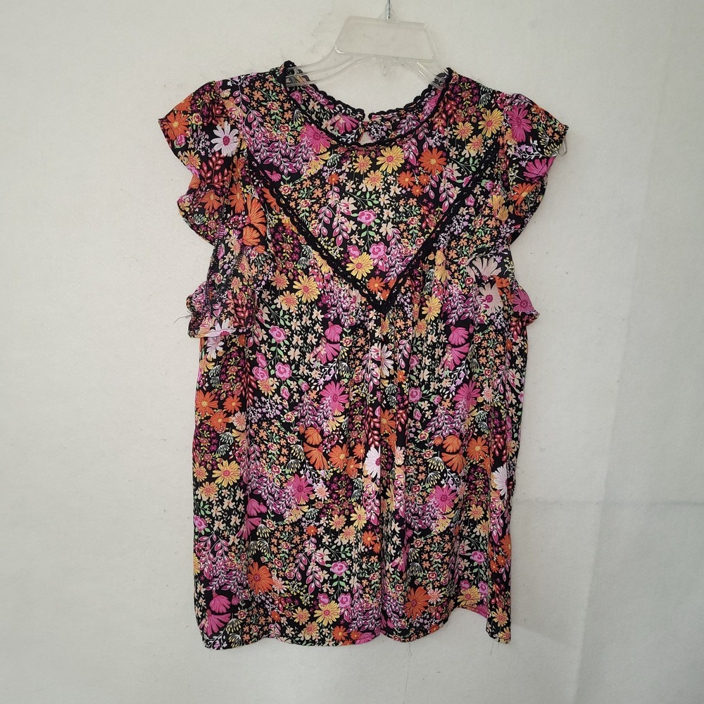 Status by Chenault Floral Ruffle Top Womens Medium Multicolor Crochet Trim Boho